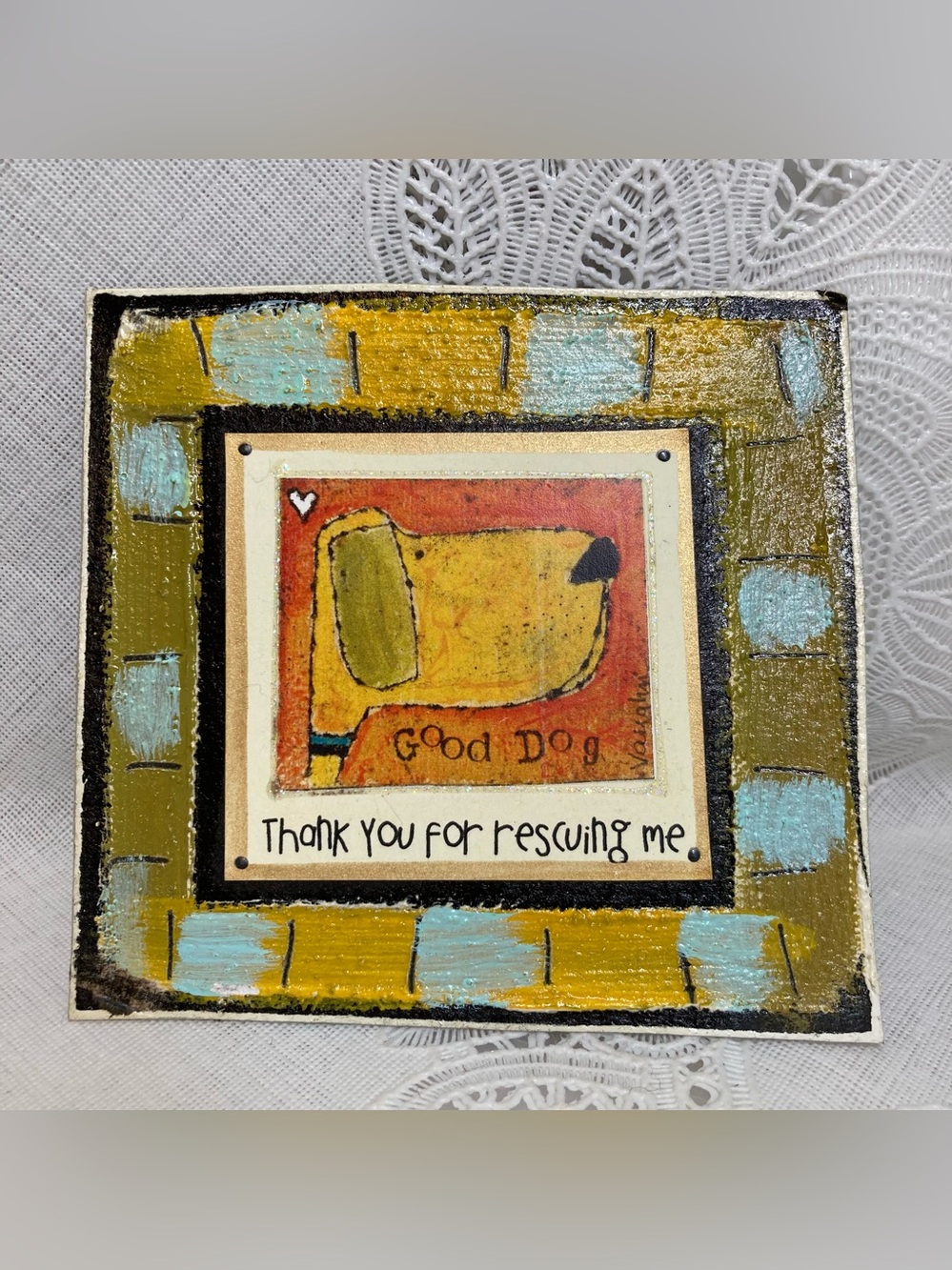Handmade Signed Phyllis Vaughn Mini Art Painting Print Rescue Dog 4x4” Magnet